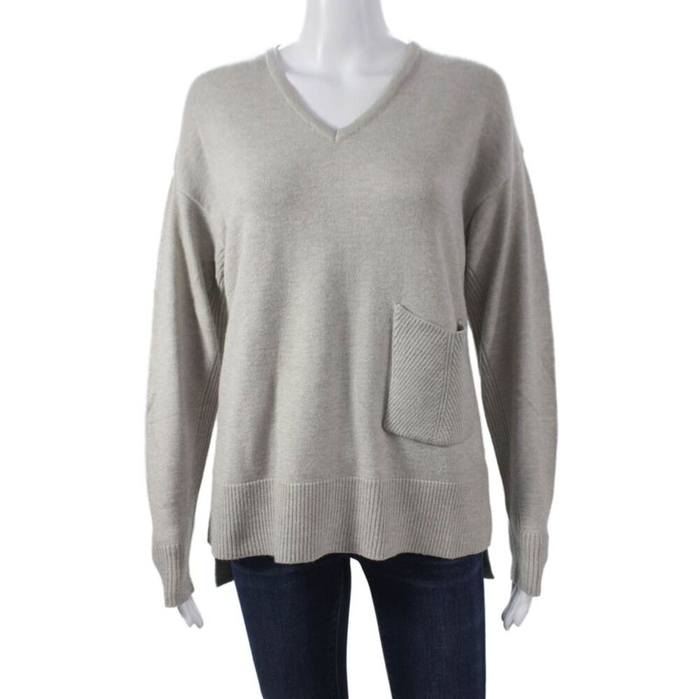 Renuar Women V-Neck Pullover Sweater Gray Long Sleeve Petites Size S